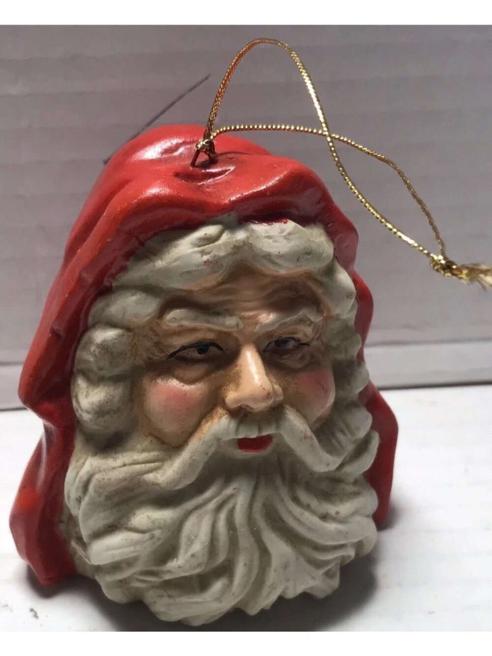1987 Vintage Santa Head Ornament Porcelain Red Hood Old World Santa